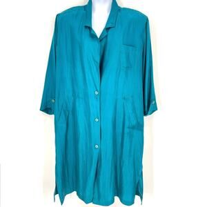 Vintage Womens Jessica Young 100% Silk Button Teal Duster Size 2X Shoulder Pads